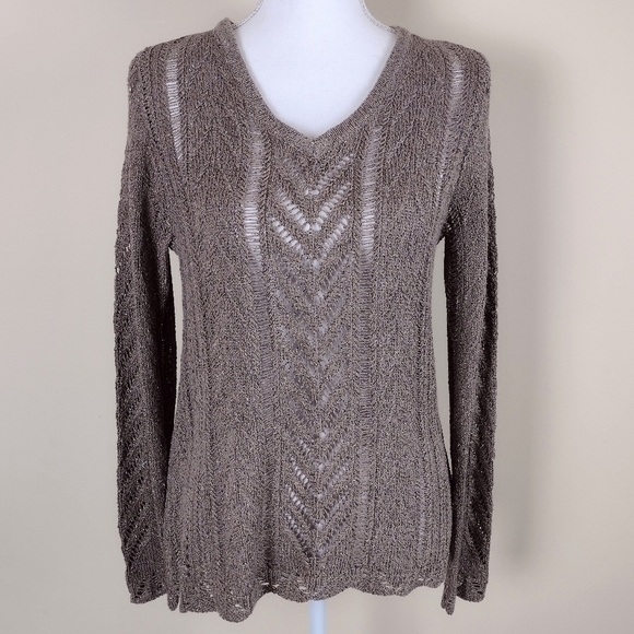 Soft Surroundings Tan Metallic Pointelle Pullover Sweater Sz S - Picture 1 of 12
